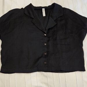 Urban Outfitters Black Cropped Oversized Satin Button-Down Shirt
